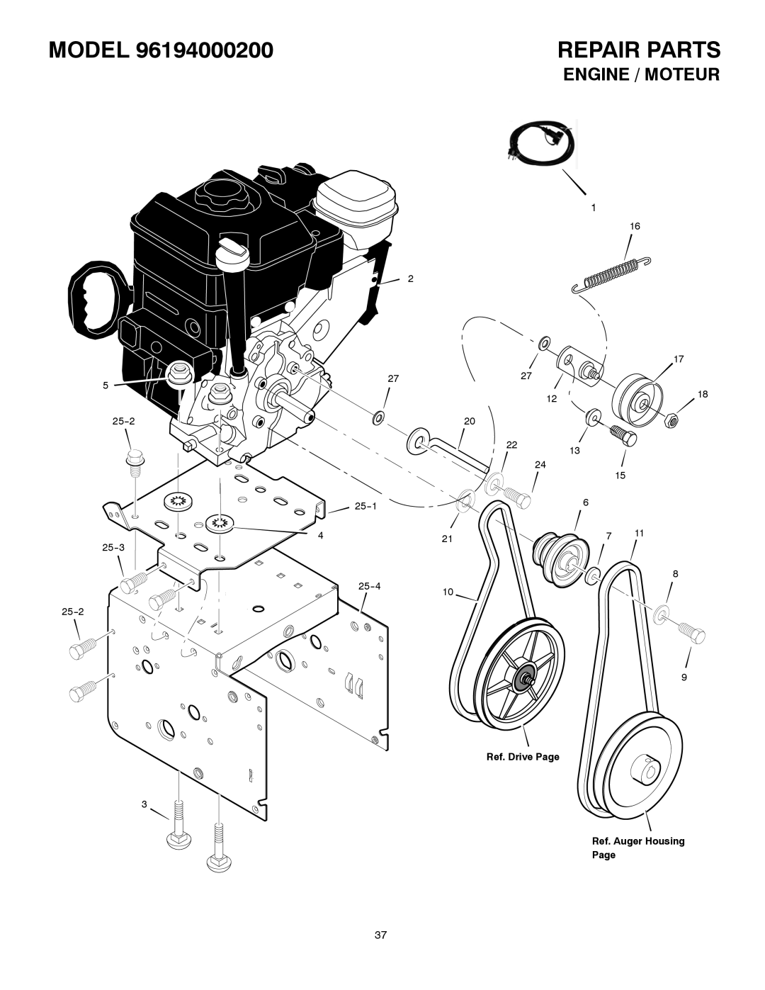 Poulan 96194000200 owner manual 25--2 25--3 25--1 25--4, Ref. Drive Ref. Auger Housing 