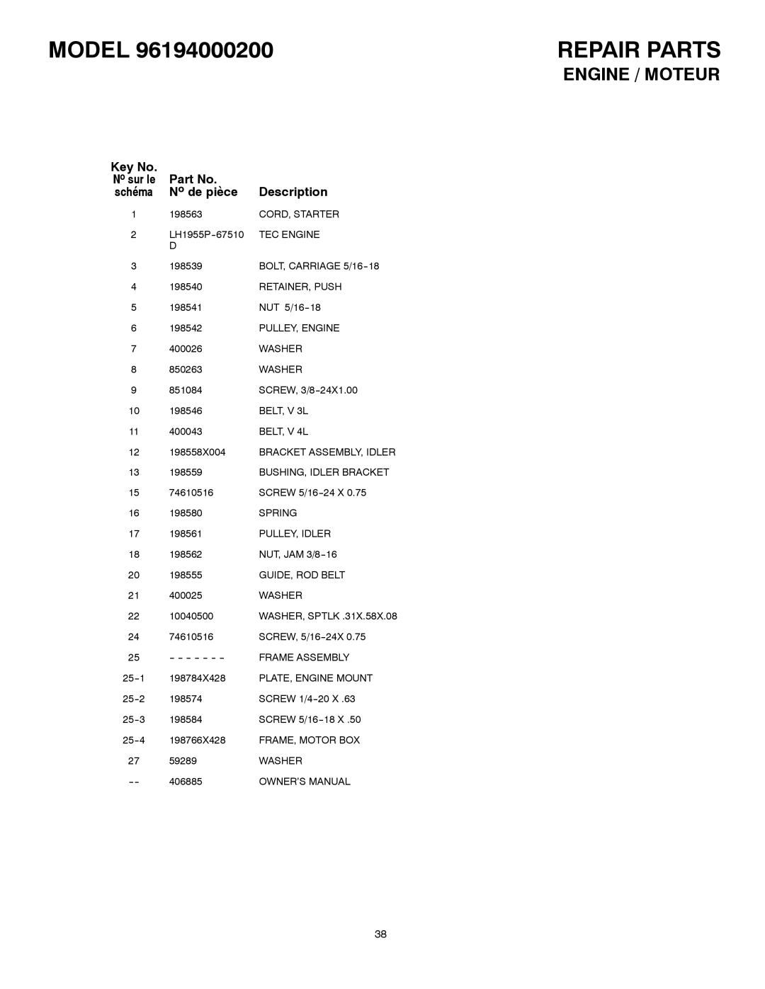 Poulan 96194000200 owner manual Engine / Moteur, De pièce Description 