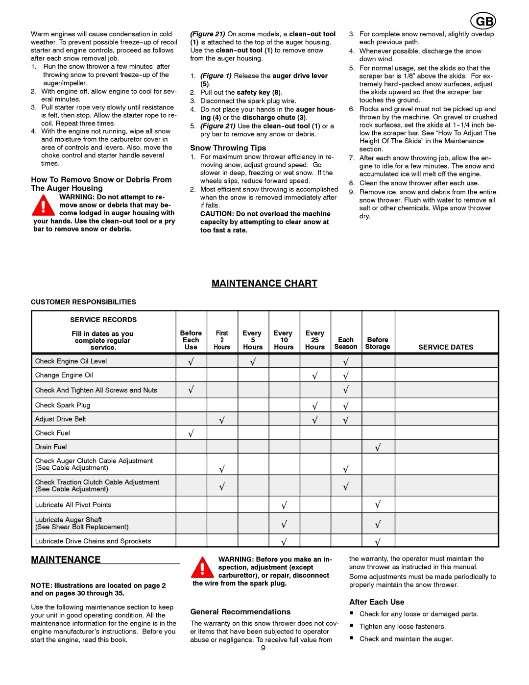 Poulan 96194000200 owner manual Maintenance Chart 