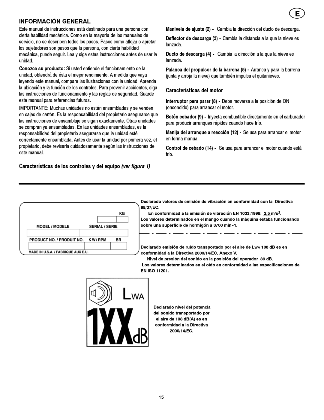 Poulan 96194000300 owner manual Información General, Características del motor 