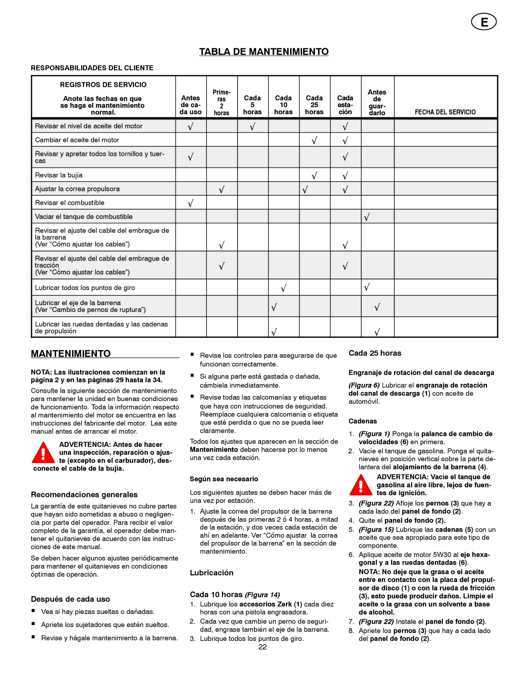 Poulan 96194000300 owner manual Tabla DE Mantenimiento 