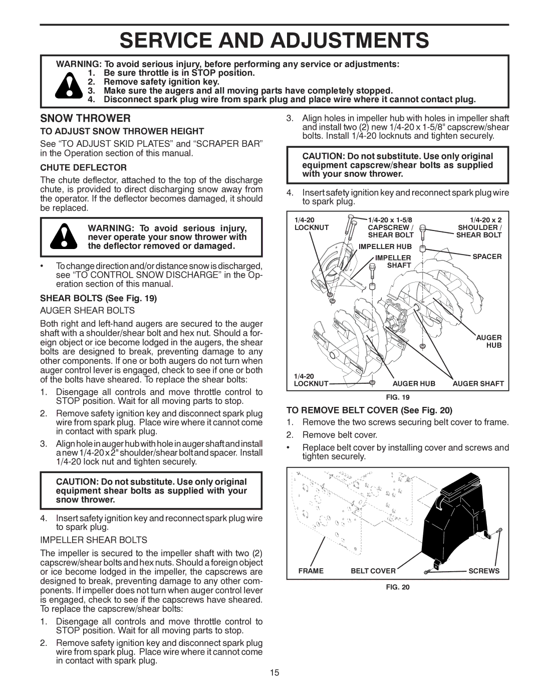 Poulan 96194000500 Service and Adjustments, To Adjust Snow Thrower Height, Chute Deflector, Shear Bolts See Fig 