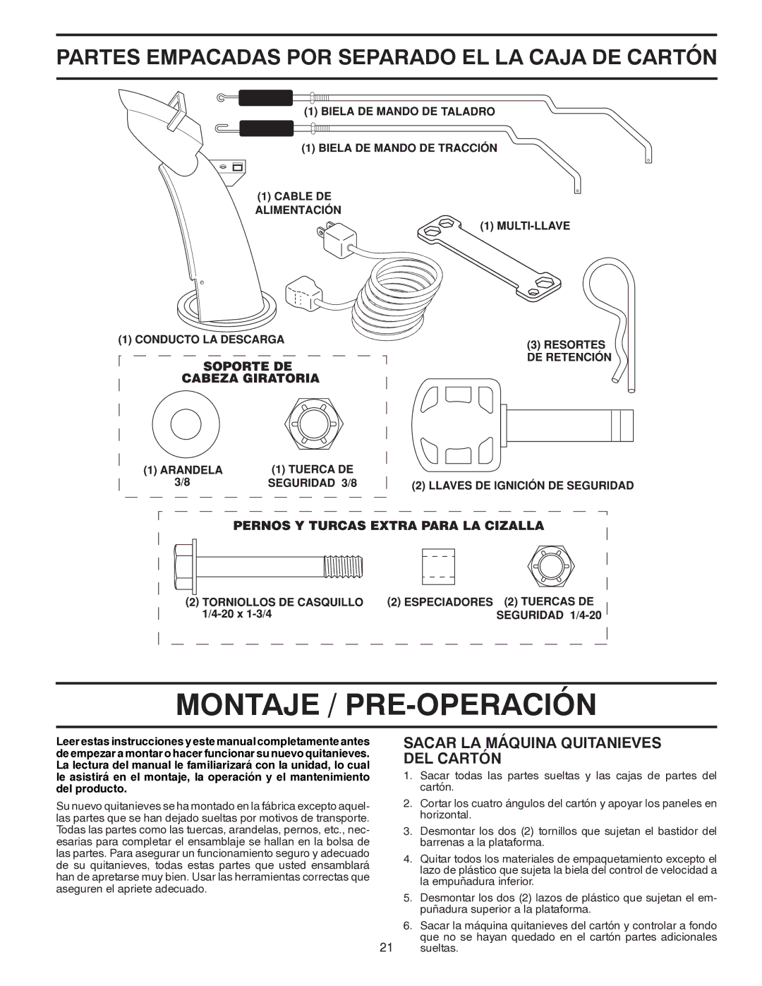 Poulan 96194000500 owner manual Montaje / PRE-OPERACIÓN, Sacar LA Máquina Quitanieves DEL Cartón 