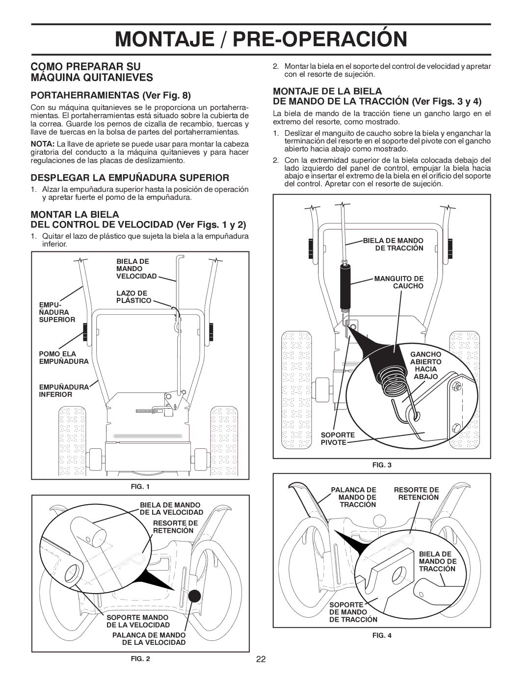 Poulan 96194000500 owner manual Como Preparar SU Máquina Quitanieves, Desplegar LA Empuñadura Superior, Montar LA Biela 