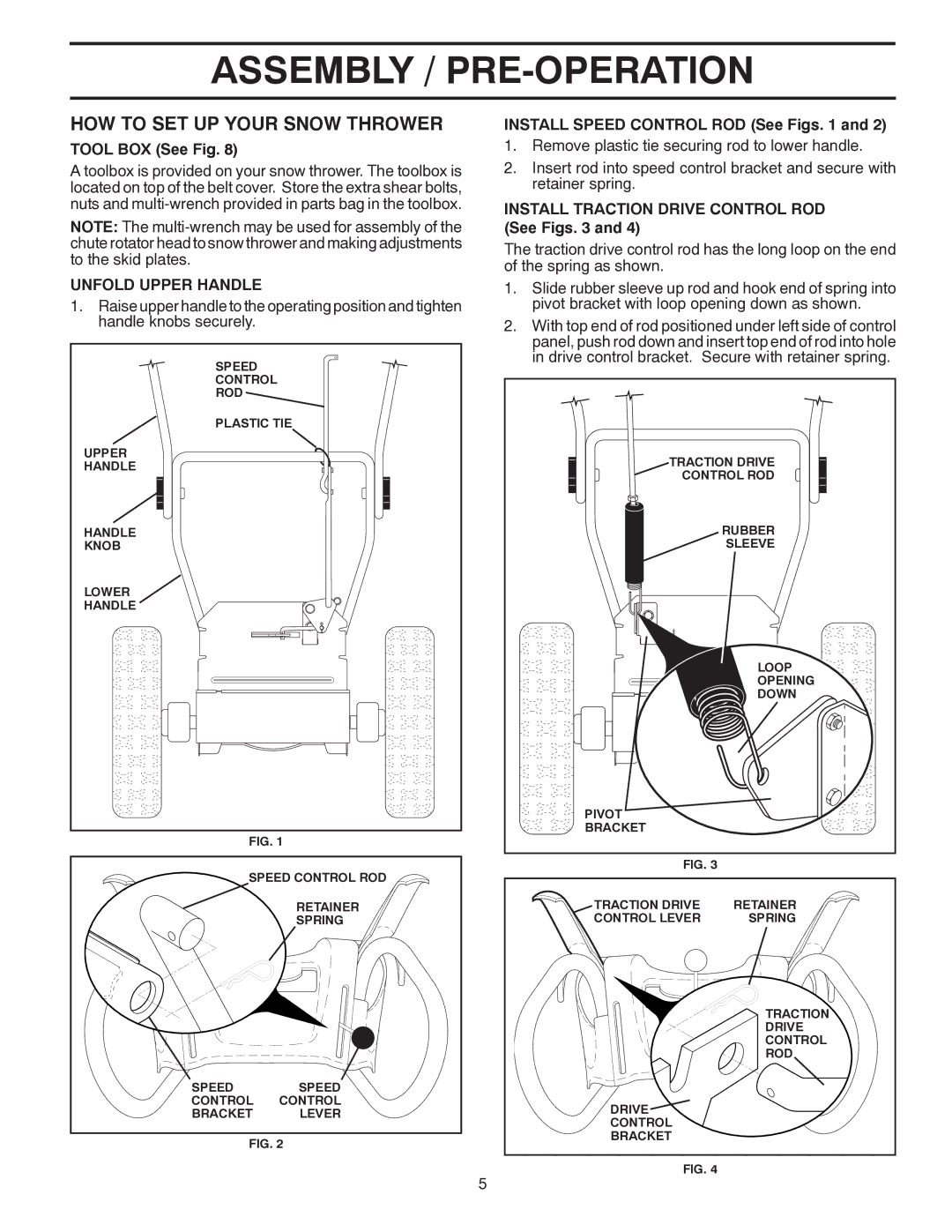 Poulan 96194000500 owner manual HOW to SET UP Your Snow Thrower, Tool BOX See Fig, Unfold Upper Handle 