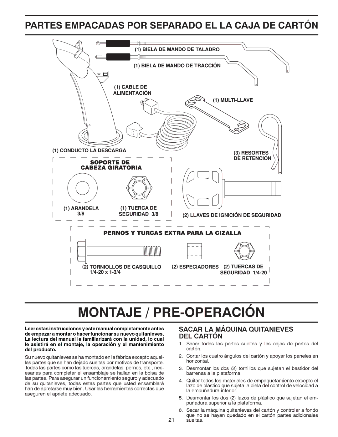 Poulan 96194000501 owner manual Montaje / PRE-OPERACIÓN, Sacar LA Máquina Quitanieves DEL Cartón 