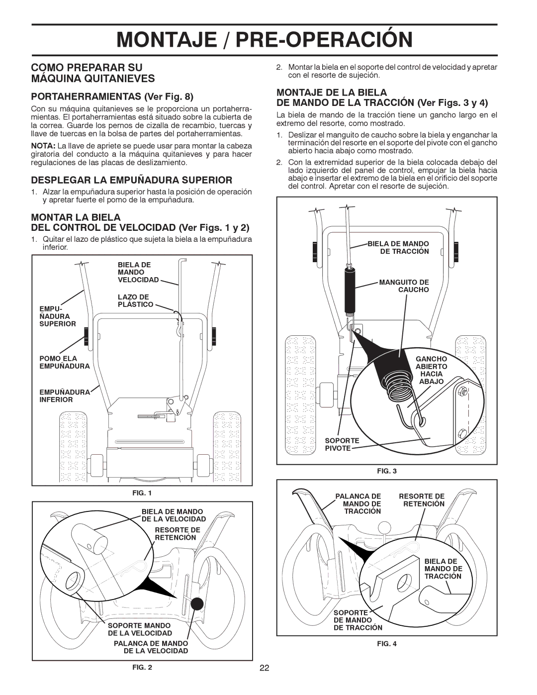 Poulan 96194000501 owner manual Como Preparar SU Máquina Quitanieves, Desplegar LA Empuñadura Superior, Montar LA Biela 