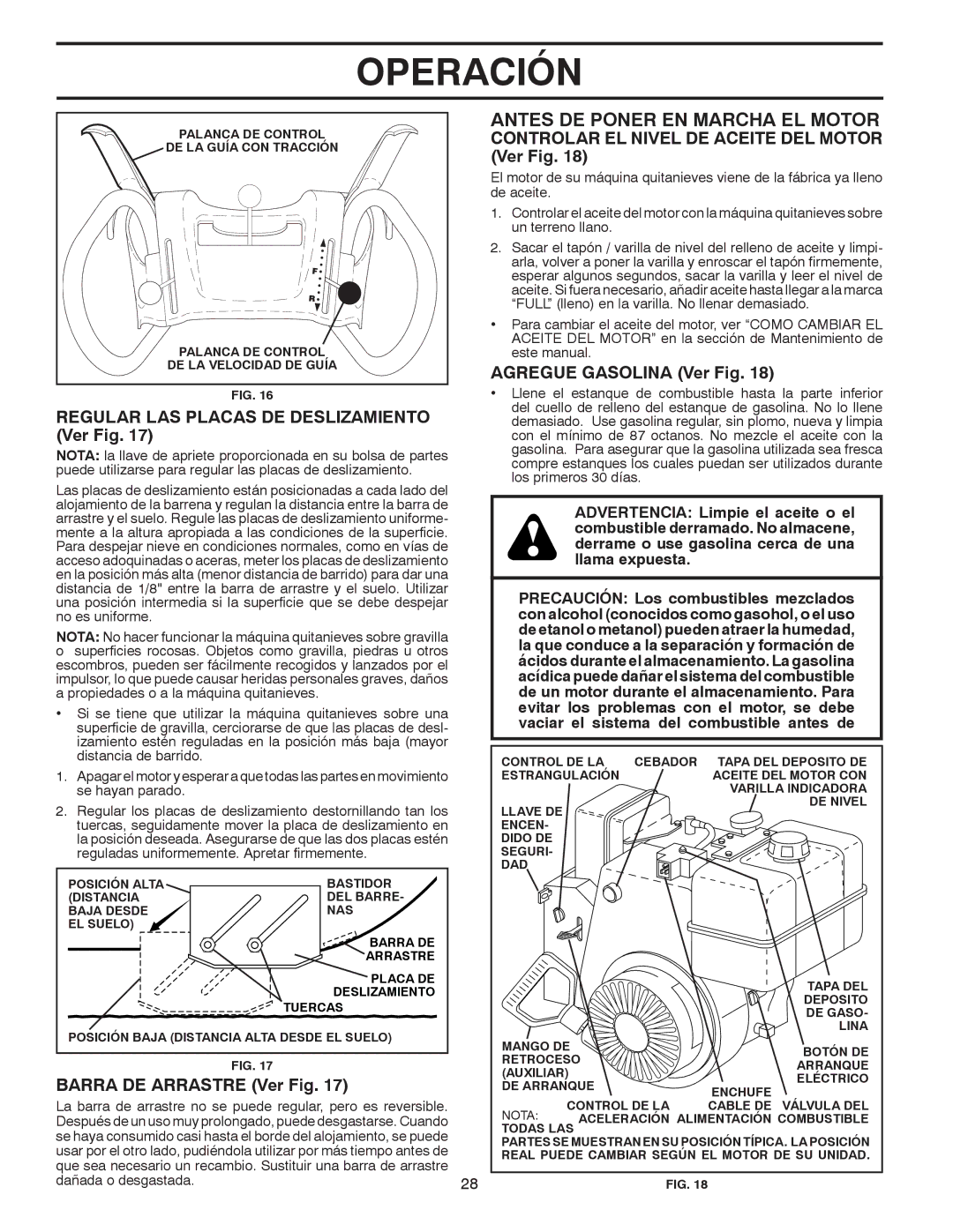 Poulan 96194000501 owner manual Antes DE Poner EN Marcha EL Motor, Regular LAS Placas DE Deslizamiento Ver Fig 