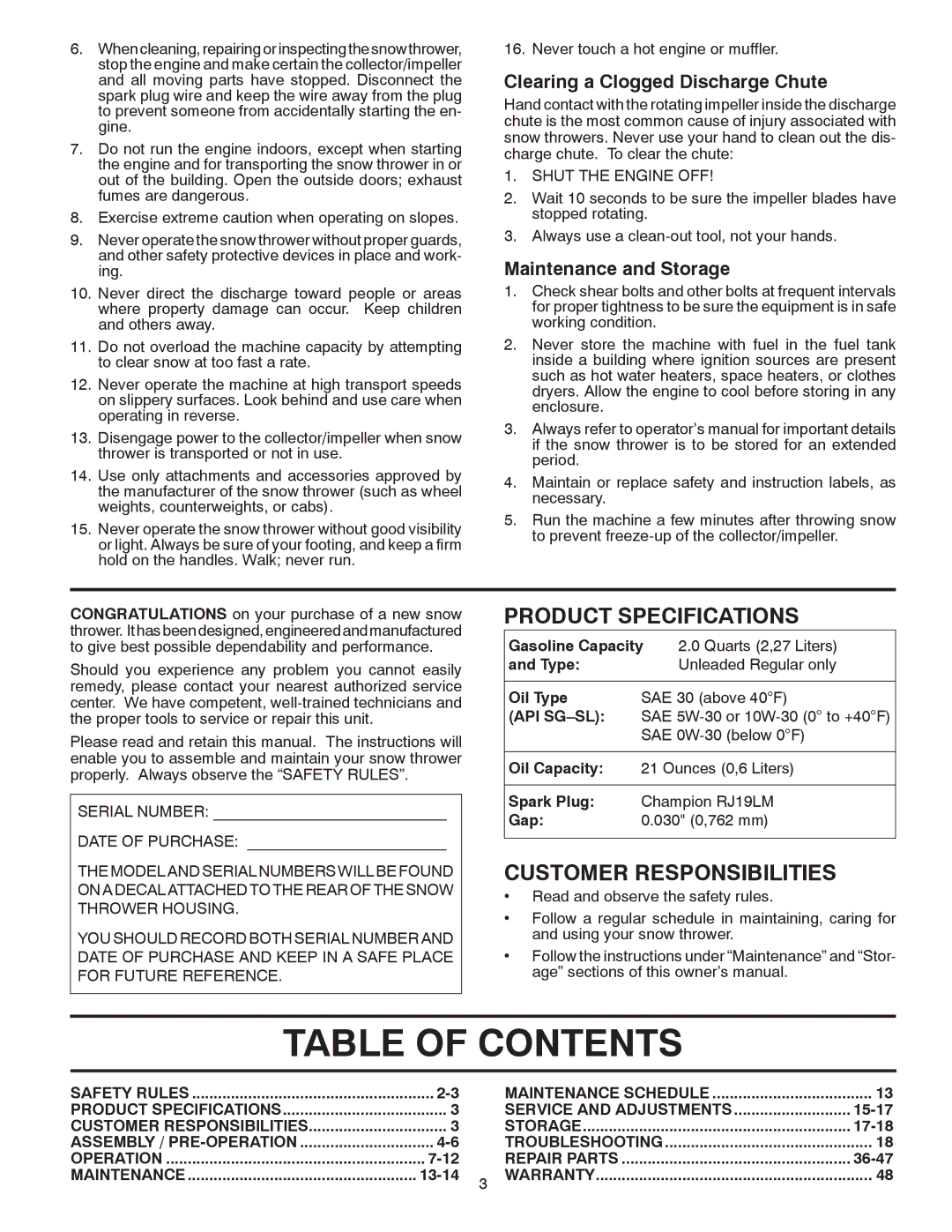 Poulan 96194000501 owner manual Table of Contents 