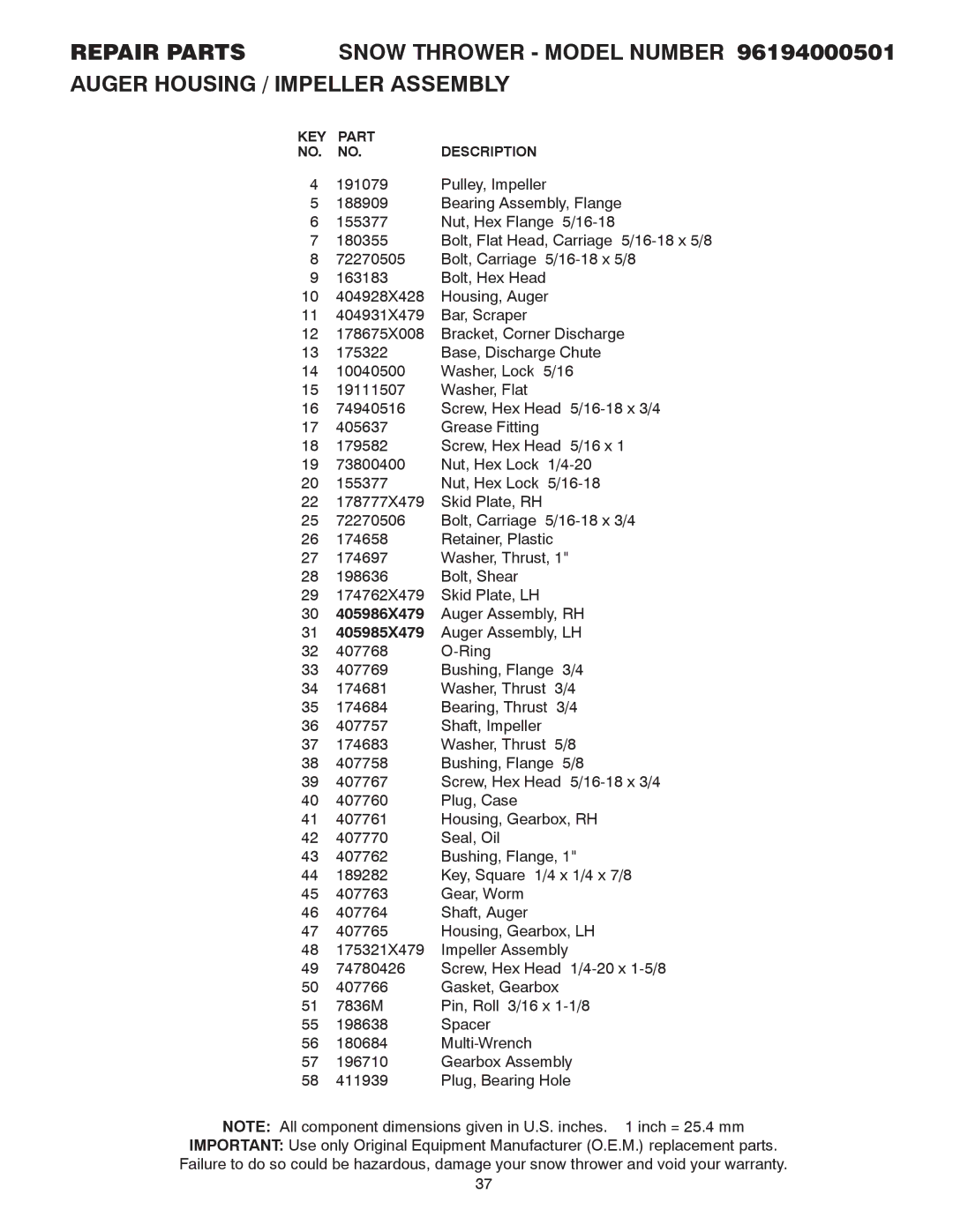 Poulan 96194000501 owner manual KEY Part Description 