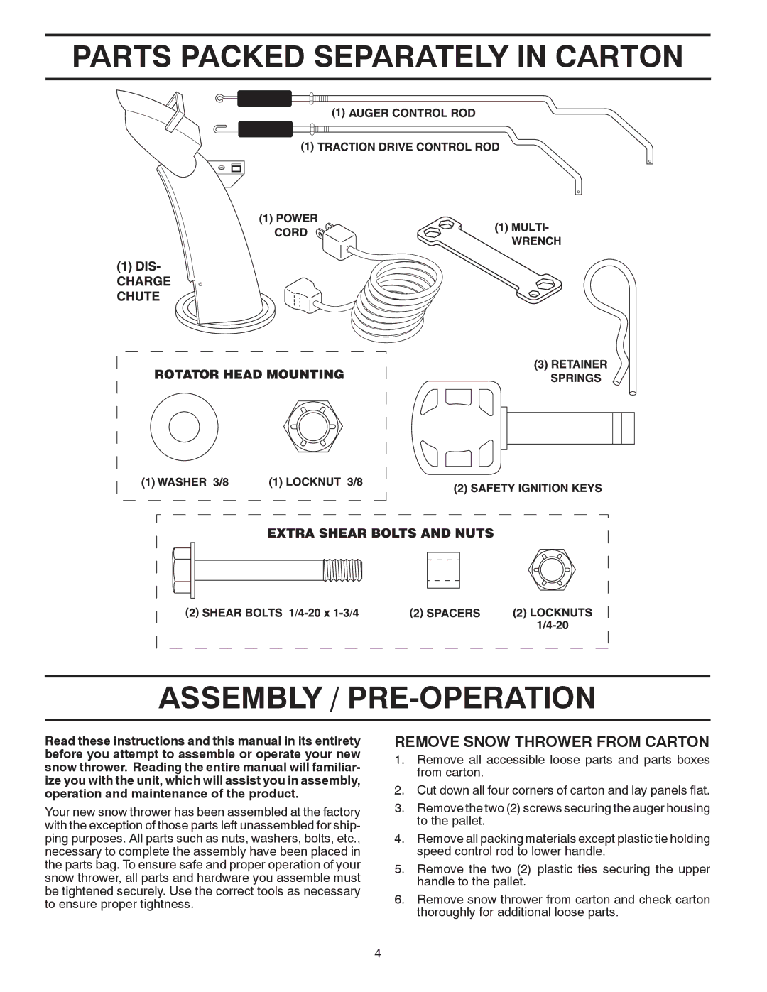 Poulan 96194000501 owner manual Parts Packed Separately in Carton Assembly / PRE-OPERATION, Remove Snow Thrower from Carton 