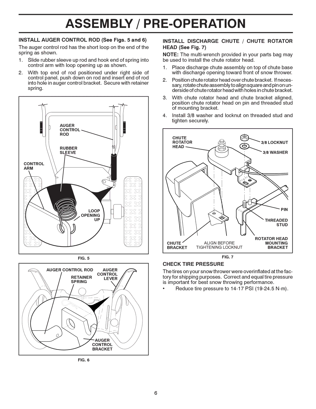 Poulan 96194000501 owner manual Install Auger Control ROD See Figs, Install Discharge Chute / Chute Rotator Head See Fig 