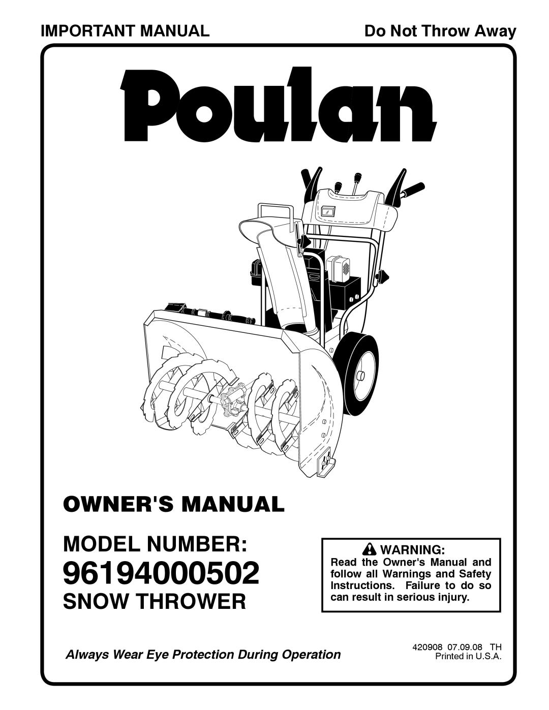 Poulan 96194000502 owner manual Model Number, Snow Thrower 