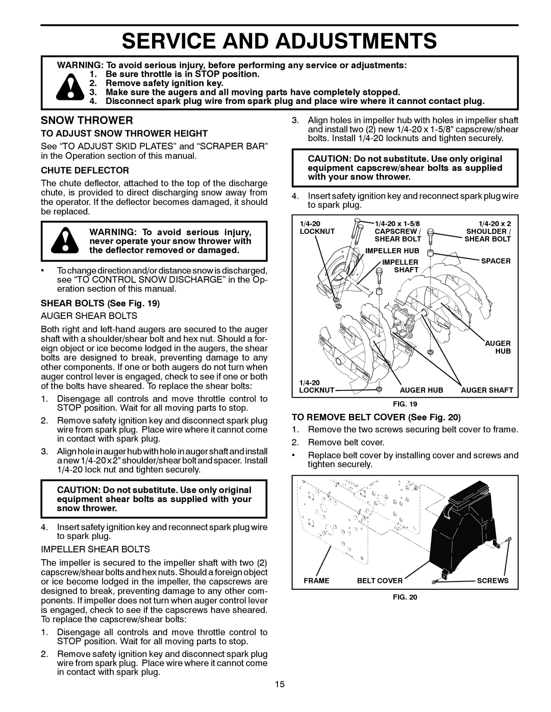 Poulan 96194000502 Service and Adjustments, To Adjust Snow Thrower Height, Chute Deflector, Shear Bolts See Fig 