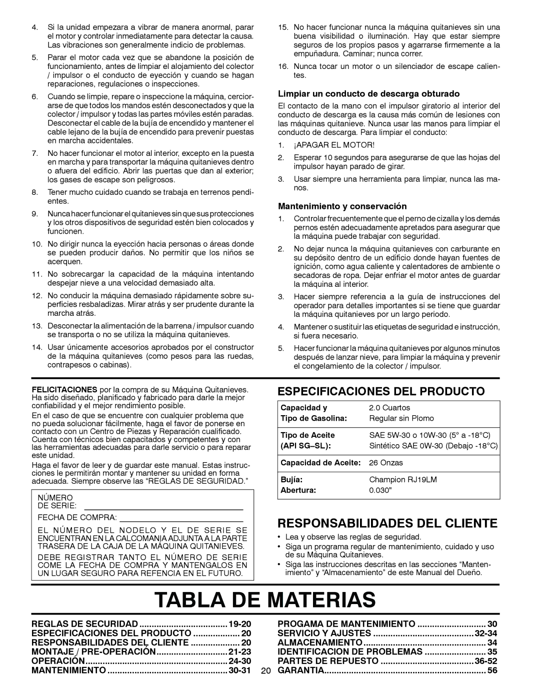 Poulan 96194000502 owner manual Tabla DE Materias, Montaje / PRE-OPERACIÓN 