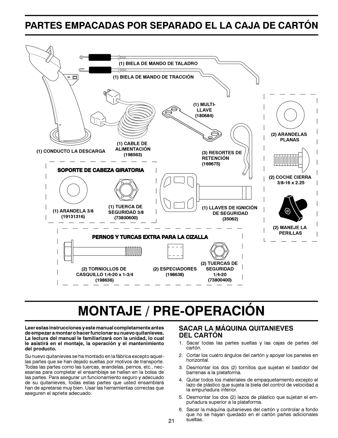 Poulan 96194000502 owner manual Montaje / PRE-OPERACIÓN, Sacar LA Máquina Quitanieves DEL Cartón 