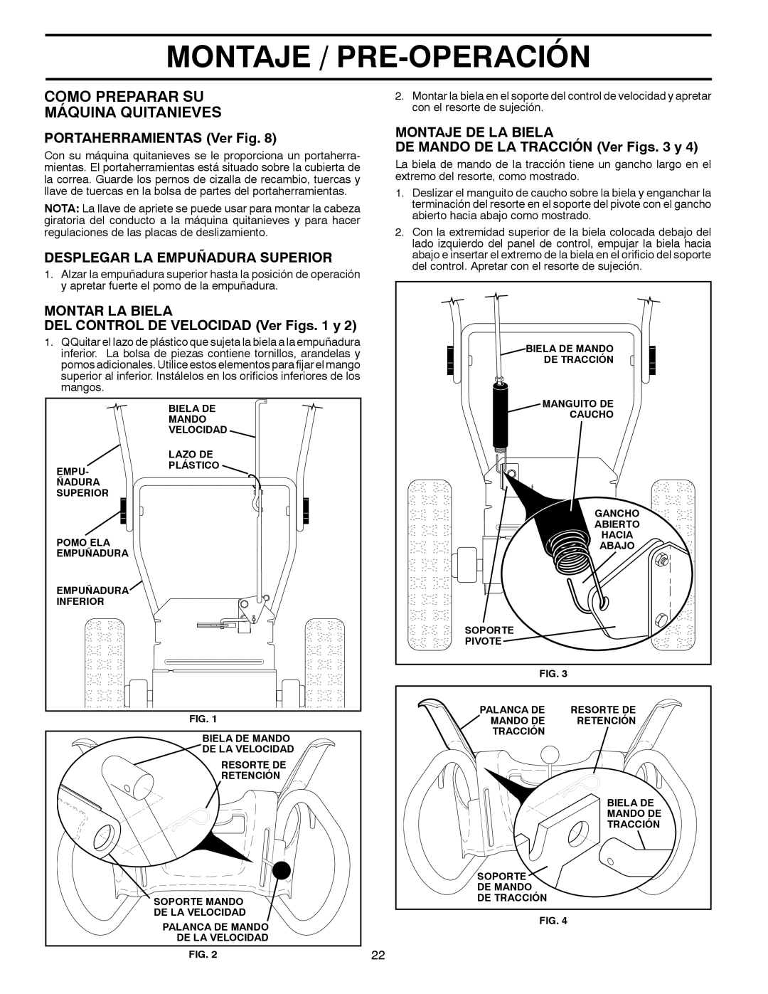 Poulan 96194000502 owner manual Como Preparar SU Máquina Quitanieves, Desplegar LA Empuñadura Superior, Montar LA Biela 