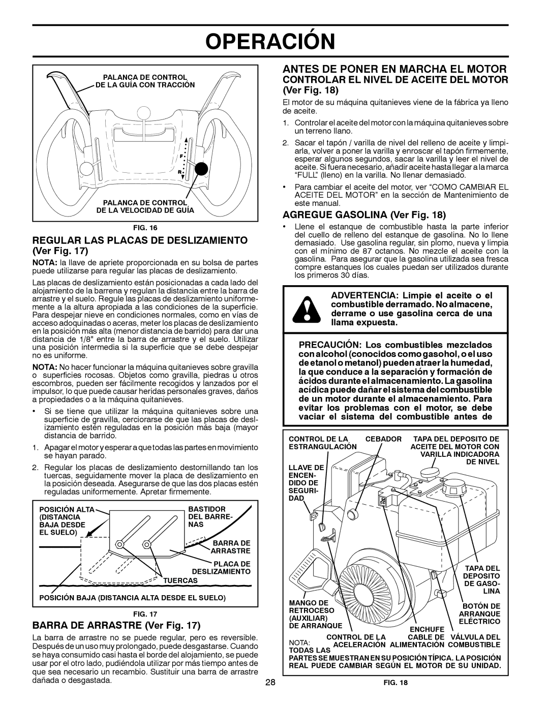 Poulan 96194000502 owner manual Antes DE Poner EN Marcha EL Motor, Regular LAS Placas DE Deslizamiento Ver Fig 