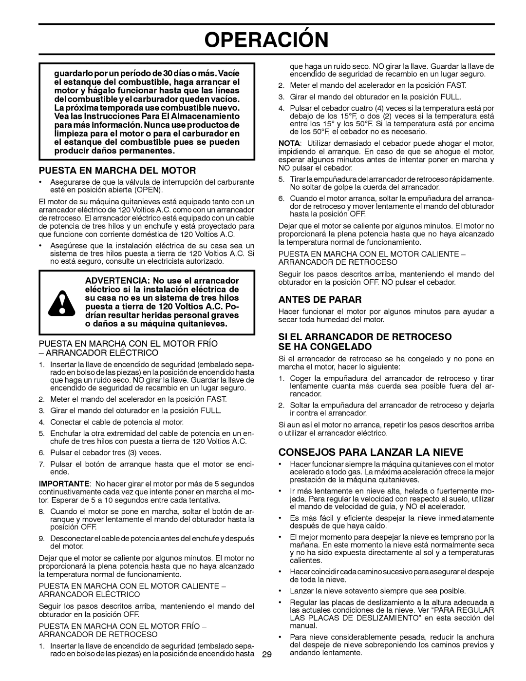 Poulan 96194000502 owner manual Consejos Para Lanzar LA Nieve, Puesta EN Marcha DEL Motor, Antes DE Parar 