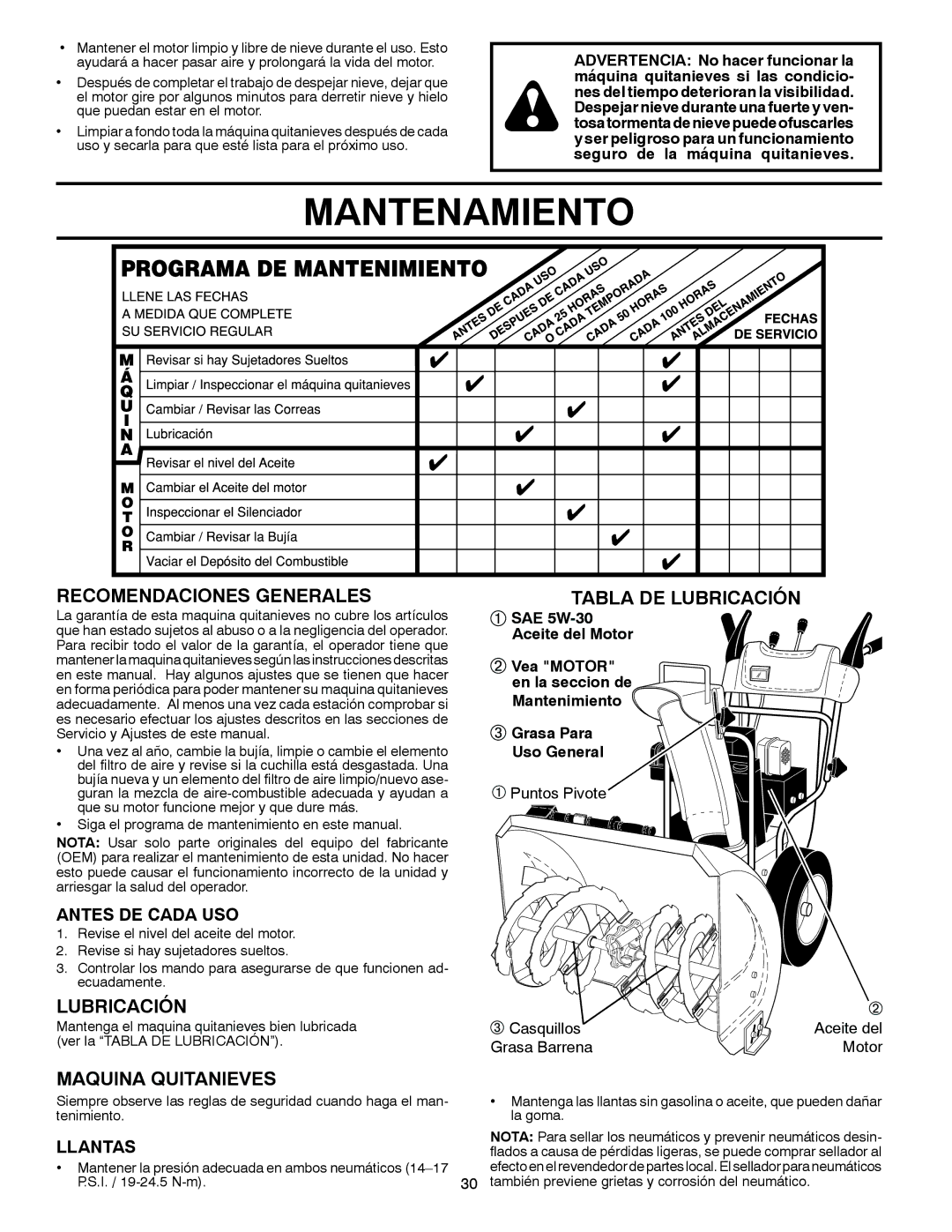 Poulan 96194000502 owner manual Mantenamiento, Recomendaciones Generales, Lubricación, Maquina Quitanieves 