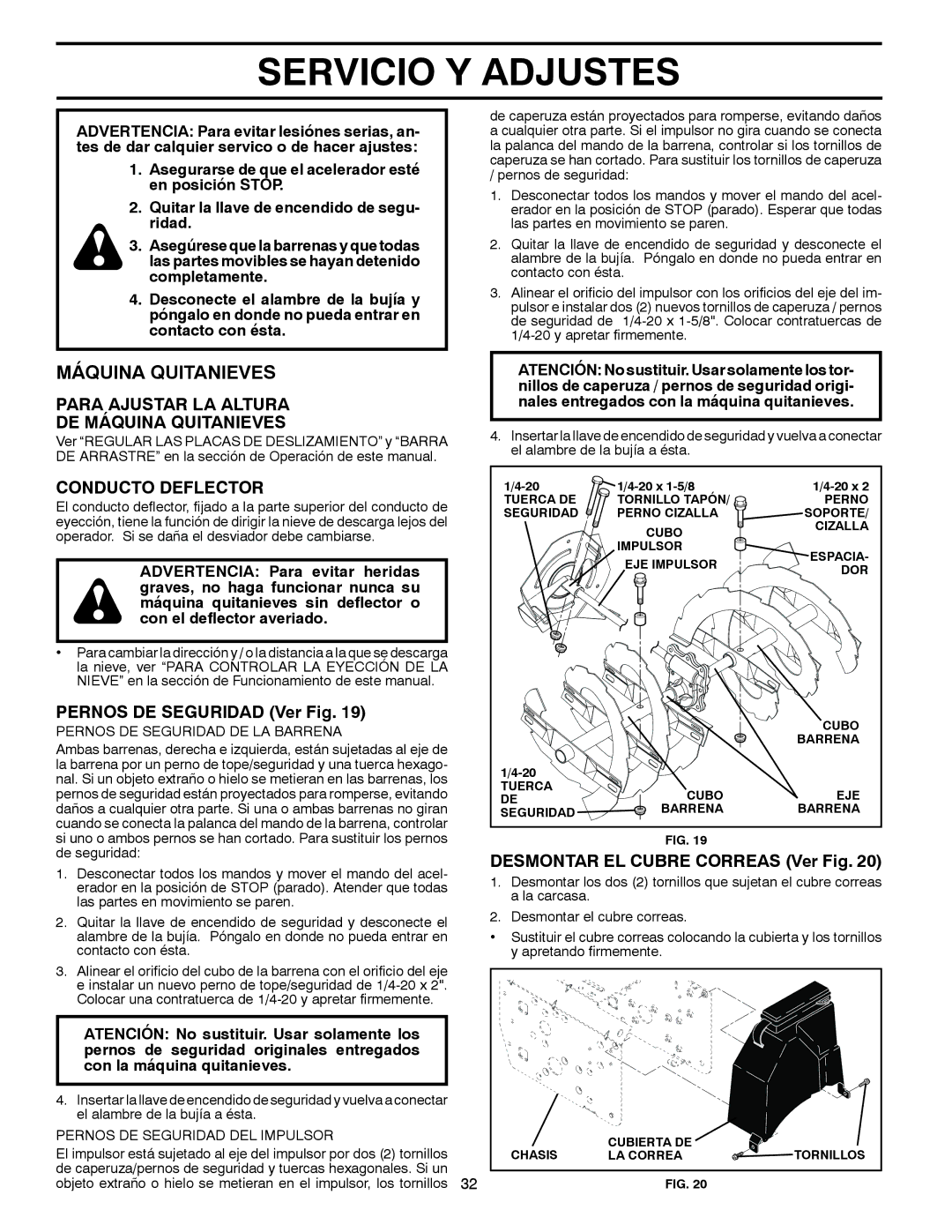 Poulan 96194000502 owner manual Servicio Y Adjustes, Para Ajustar LA Altura DE Máquina Quitanieves, Conducto Deflector 