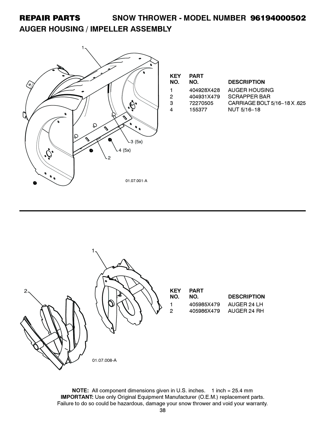 Poulan 96194000502 owner manual Auger Housing, Scrapper BAR, Auger 24 LH, Auger 24 RH 