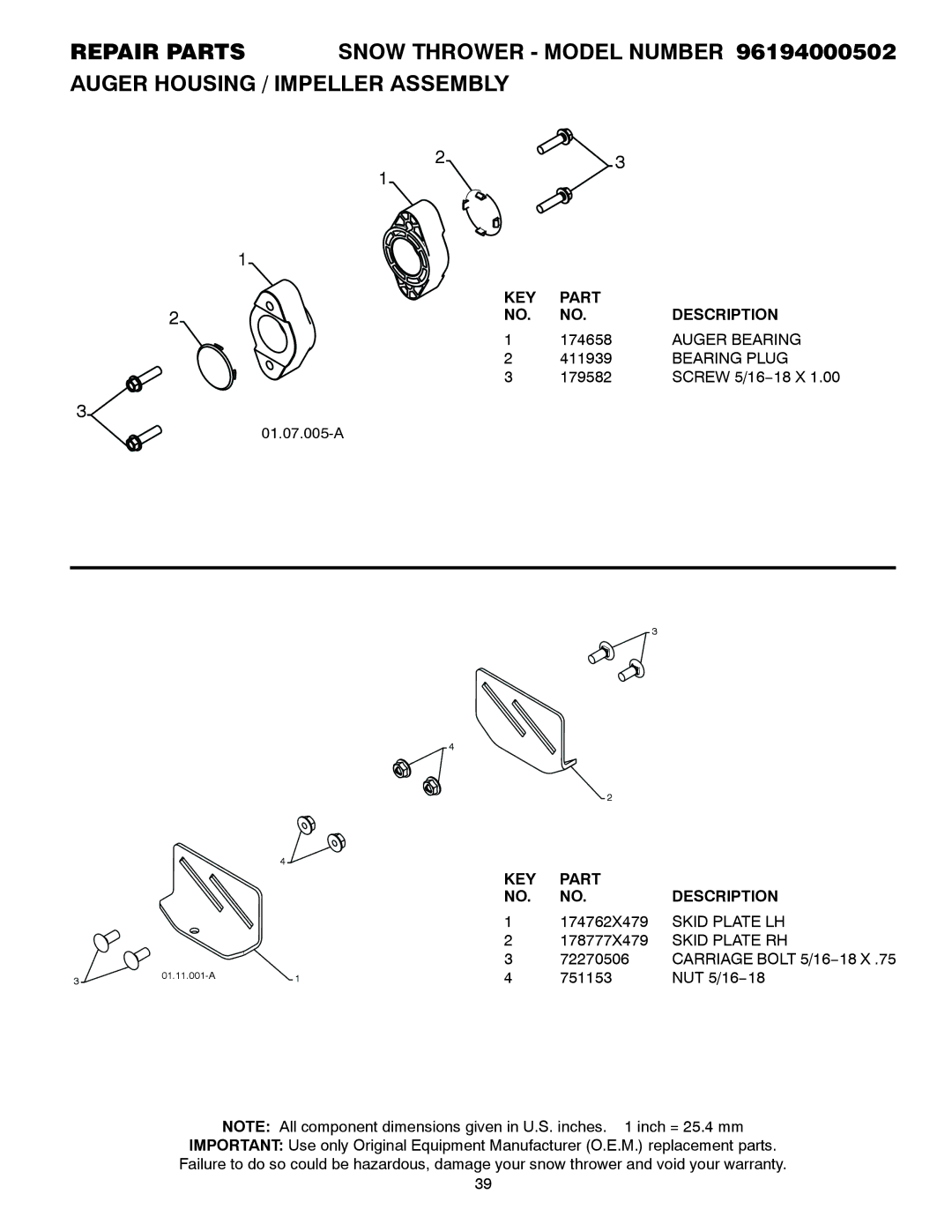 Poulan 96194000502 owner manual Auger Bearing, Bearing Plug 