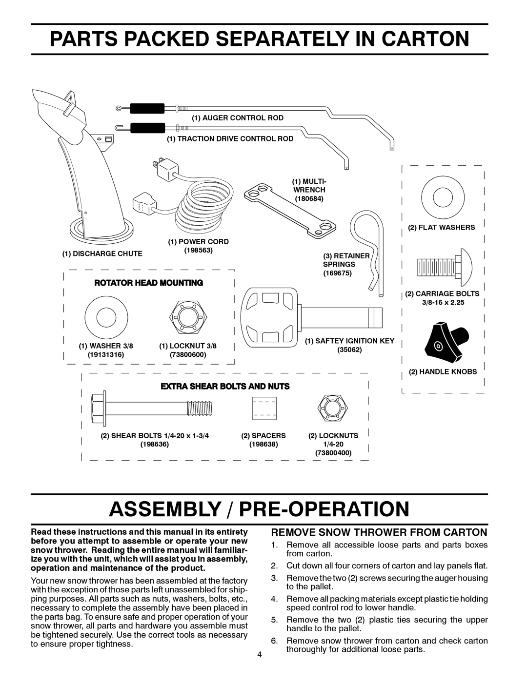 Poulan 96194000502 Parts Packed Separately in Carton, Assembly / PRE-OPERATION, Remove Snow Thrower from Carton 