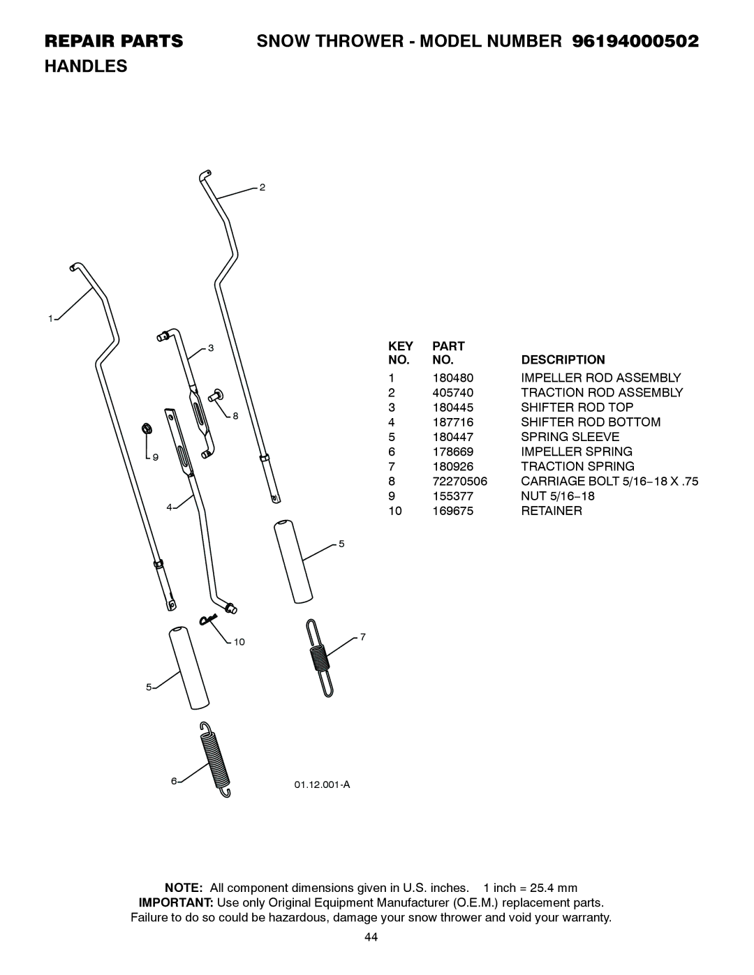 Poulan 96194000502 owner manual Carriage Bolt 5/16−18 X 155377 NUT 5/16−18 169675 