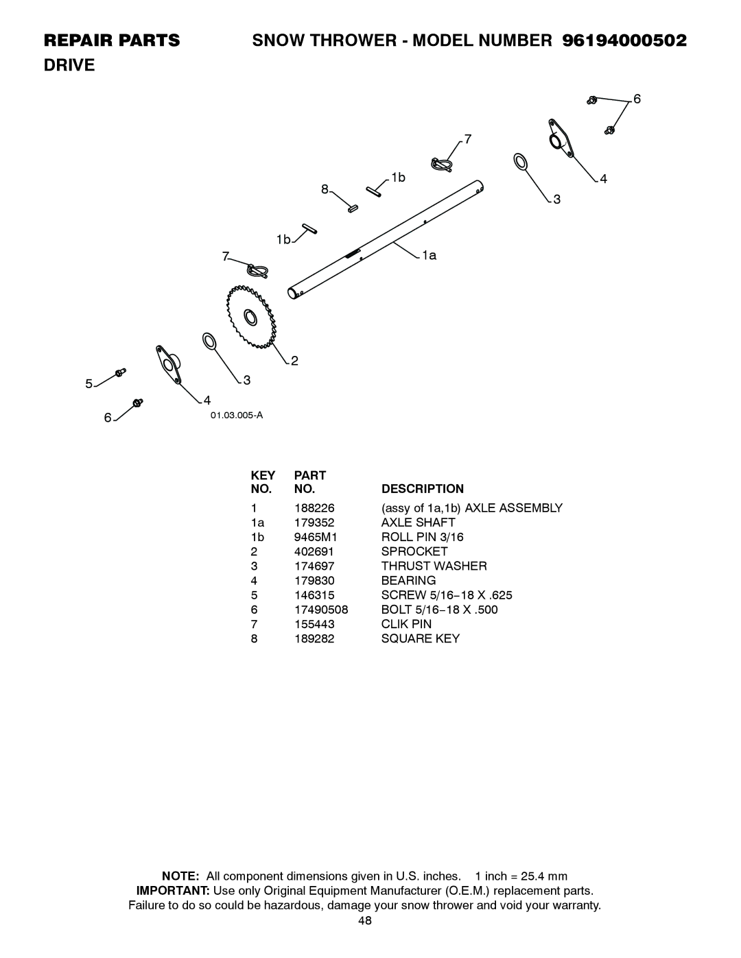 Poulan 96194000502 owner manual Axle Shaft, Roll PIN 3/16, Sprocket, Clik PIN 