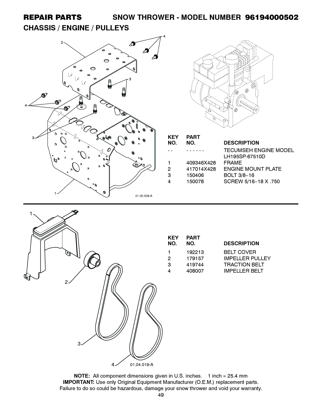 Poulan 96194000502 owner manual Tecumseh Engine Model, Frame, Engine Mount Plate, Belt Cover, Traction Belt, Impeller Belt 