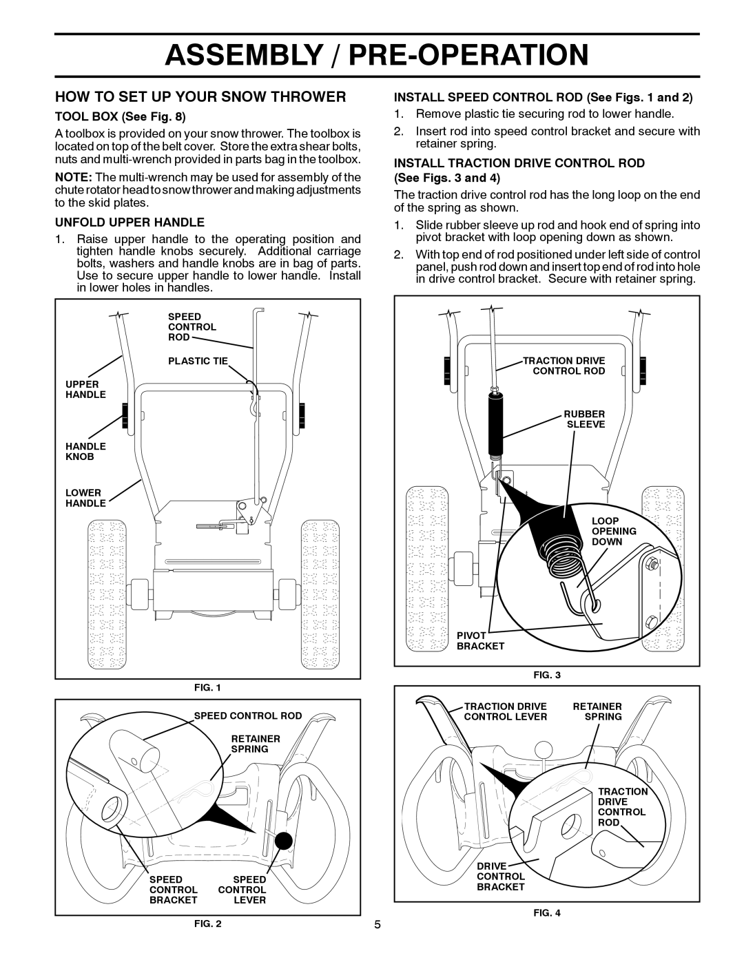 Poulan 96194000502 owner manual HOW to SET UP Your Snow Thrower, Tool BOX See Fig, Unfold Upper Handle 