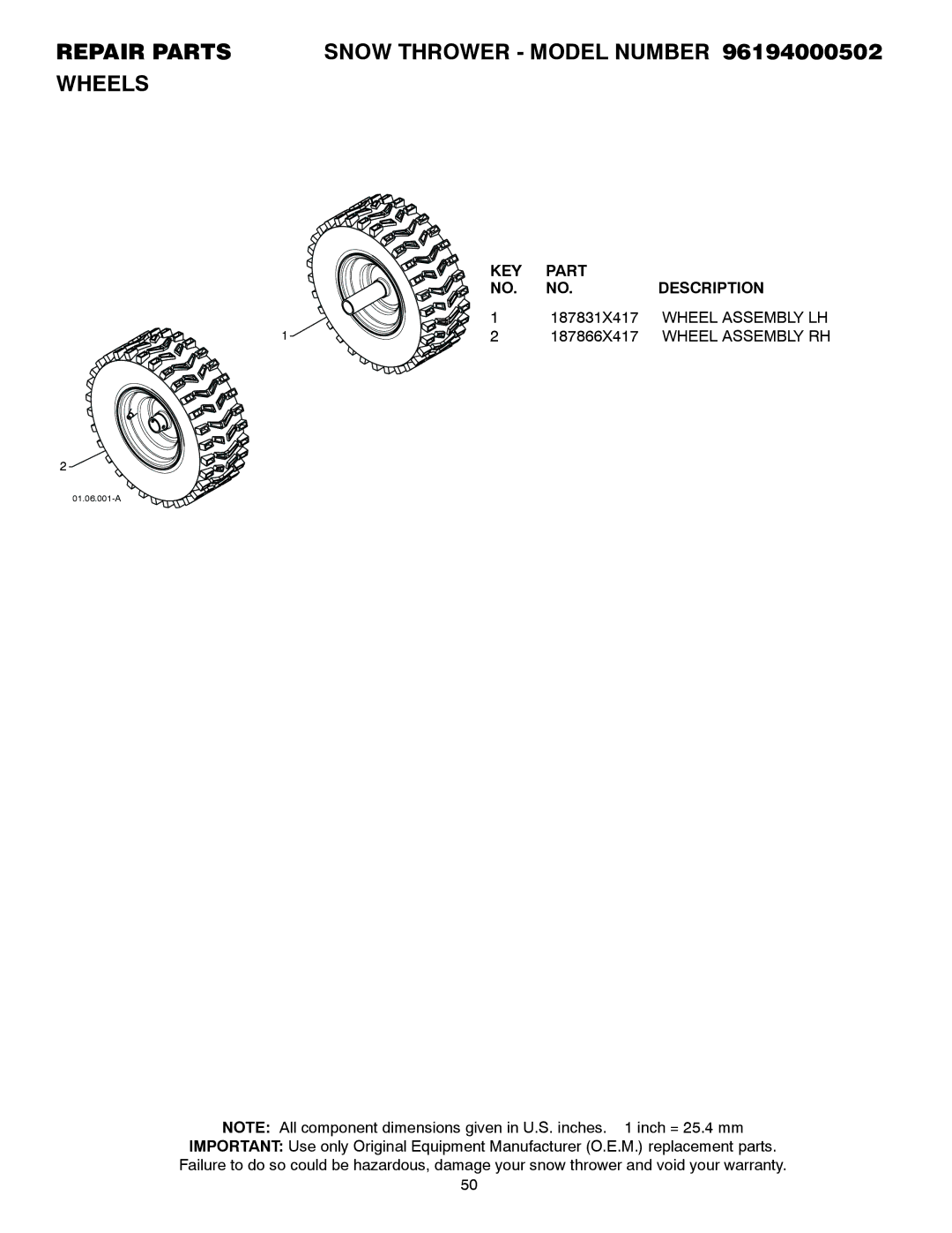 Poulan 96194000502 owner manual 187831X417, Wheel Assembly LH, 187866X417 