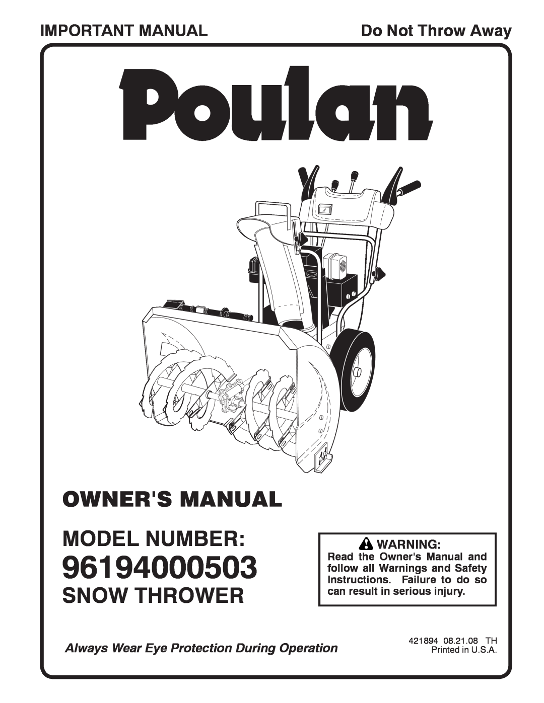 Poulan 96194000503 owner manual Snow Thrower, Important Manual, Do Not Throw Away 