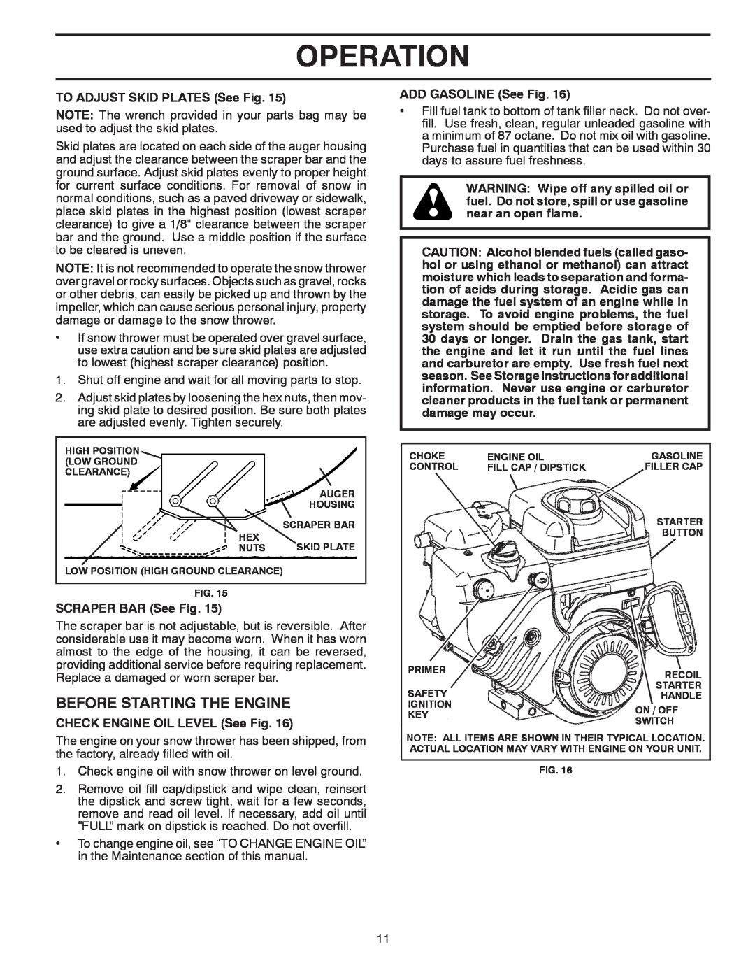 Poulan 96194000503 owner manual Before Starting The Engine, Operation, TO ADJUST SKID PLATES See Fig, SCRAPER BAR See Fig 