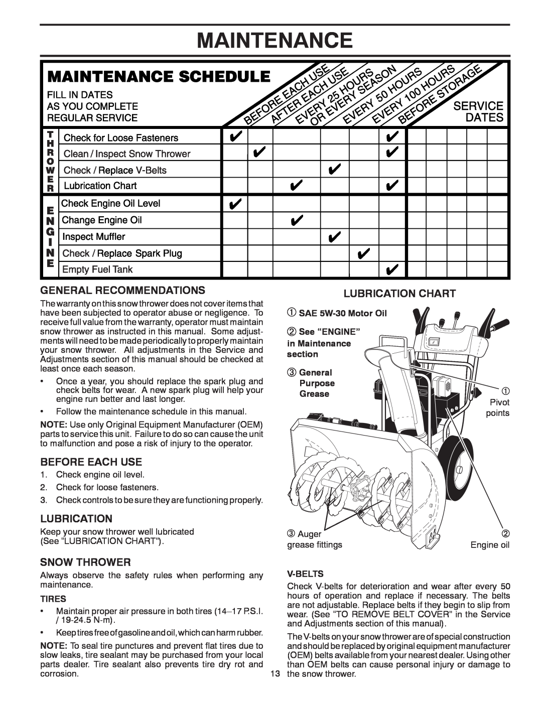 Poulan 96194000503 Maintenance, General Recommendations, Before Each Use, Lubrication Chart, Snow Thrower, Tires 
