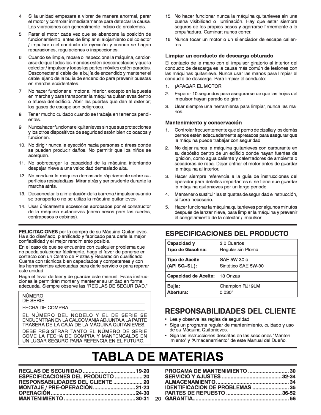 Poulan 96194000503 Tabla De Materias, Responsabilidades Del Cliente, Especificaciones Del Producto, 19-20, 21-23, 24-30 
