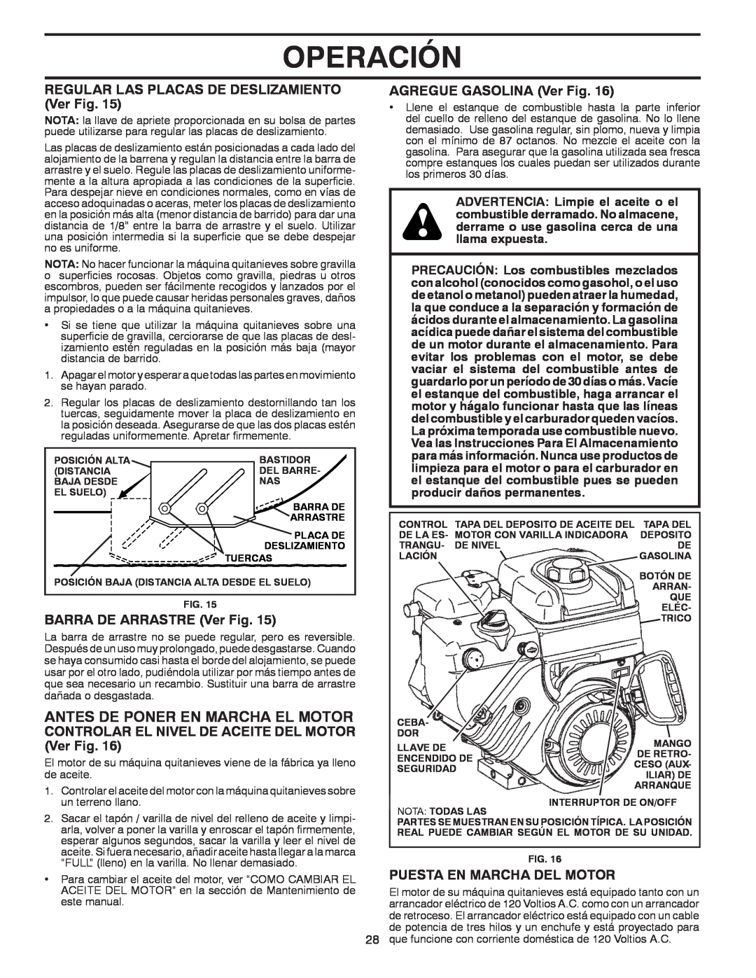 Poulan 96194000503 owner manual Antes De Poner En Marcha El Motor, REGULAR LAS PLACAS DE DESLIZAMIENTO Ver Fig, Operación 