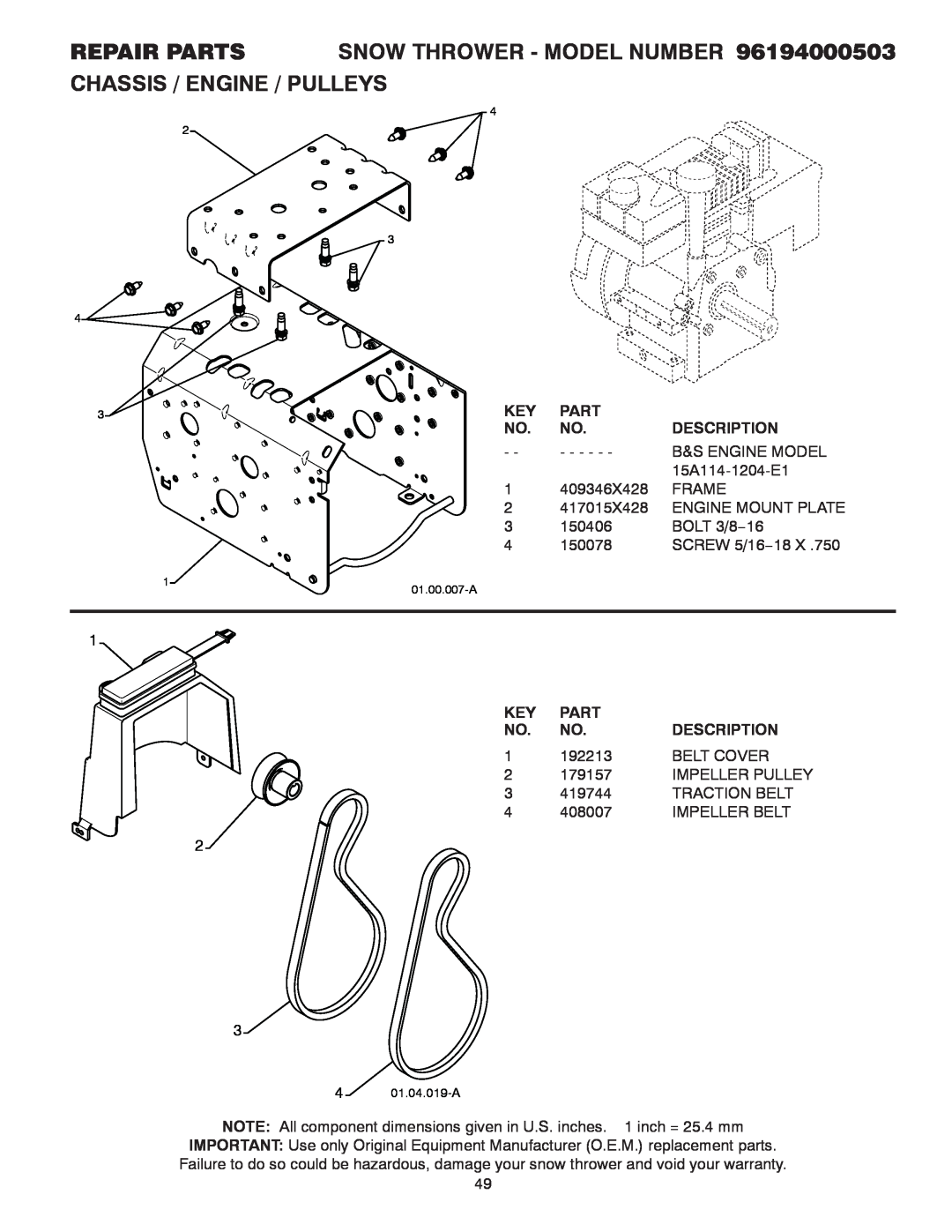 Poulan 96194000503 owner manual Part, Description, B&S Engine Model 