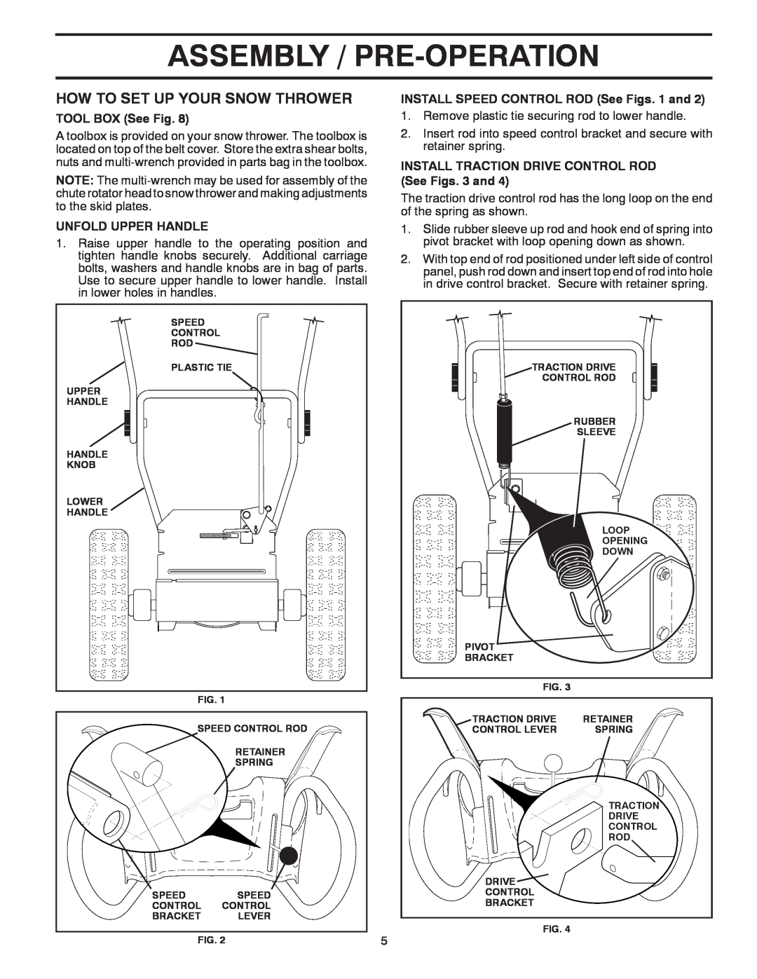 Poulan 96194000503 How To Set Up Your Snow Thrower, Assembly / Pre-Operation, TOOL BOX See Fig, Unfold Upper Handle 