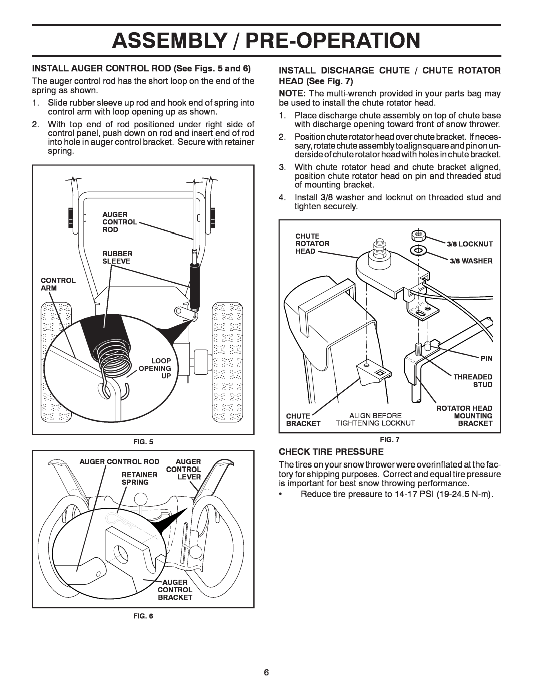 Poulan 96194000503 owner manual Assembly / Pre-Operation, INSTALL AUGER CONTROL ROD See Figs. 5 and, Check Tire Pressure 