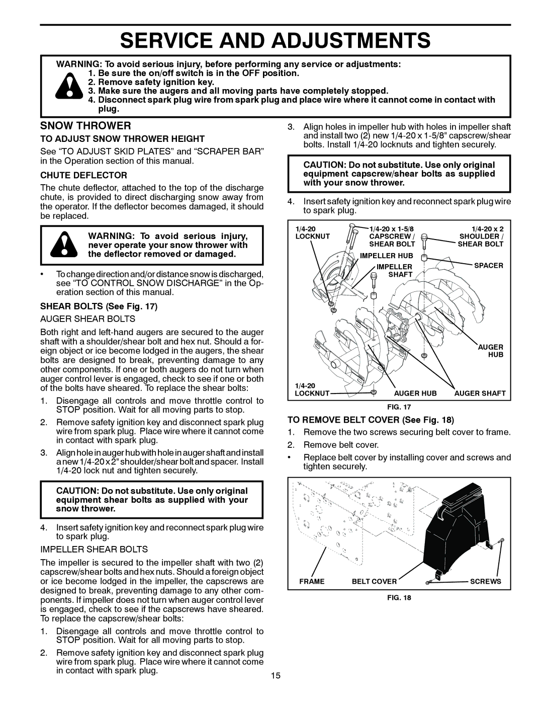 Poulan 96194000503 Service and Adjustments, To Adjust Snow Thrower Height, Chute Deflector, Shear Bolts See Fig 