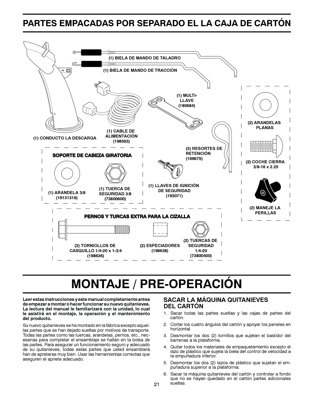 Poulan 96194000503 owner manual Montaje / PRE-OPERACIÓN, Sacar LA Máquina Quitanieves DEL Cartón 