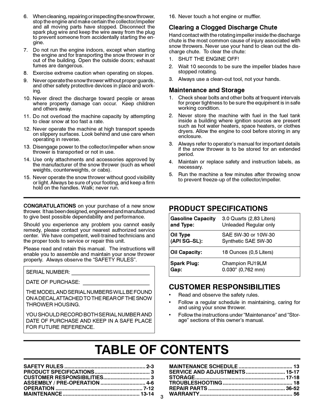 Poulan 96194000503 owner manual Table of Contents 