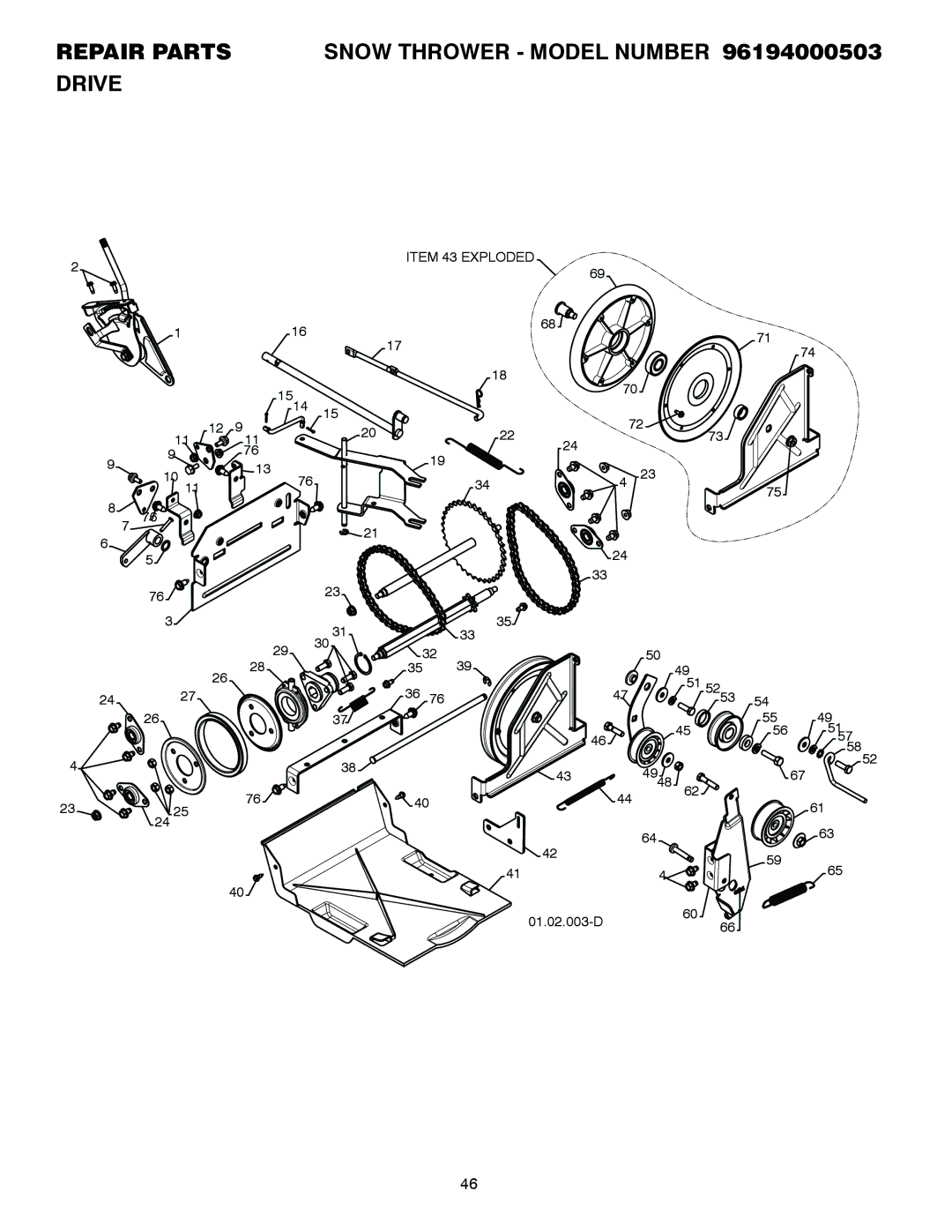 Poulan owner manual Repair Parts Snow Thrower Model Number 96194000503 Drive 