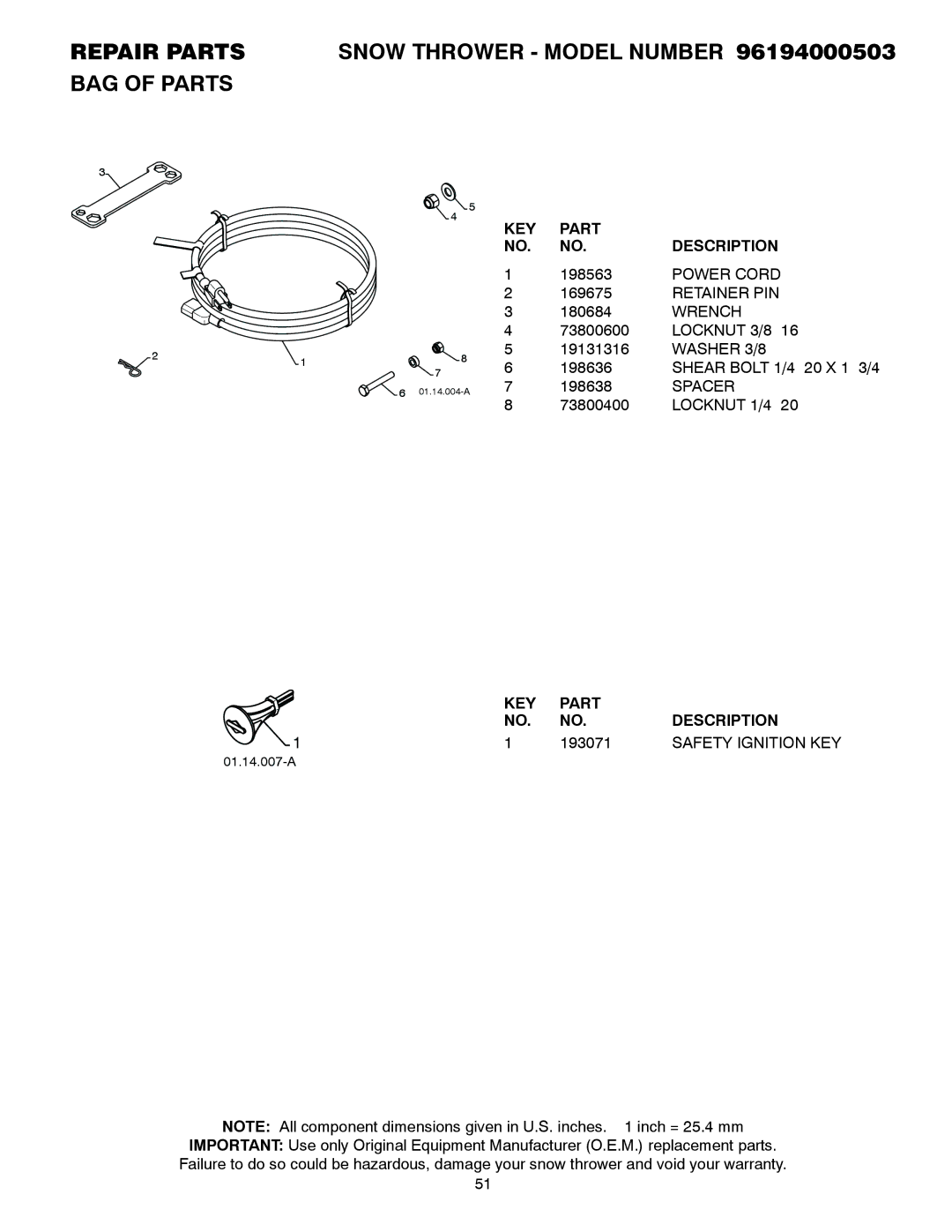 Poulan 96194000503 owner manual Power Cord, Retainer PIN, Wrench, 193071, Safety Ignition KEY 