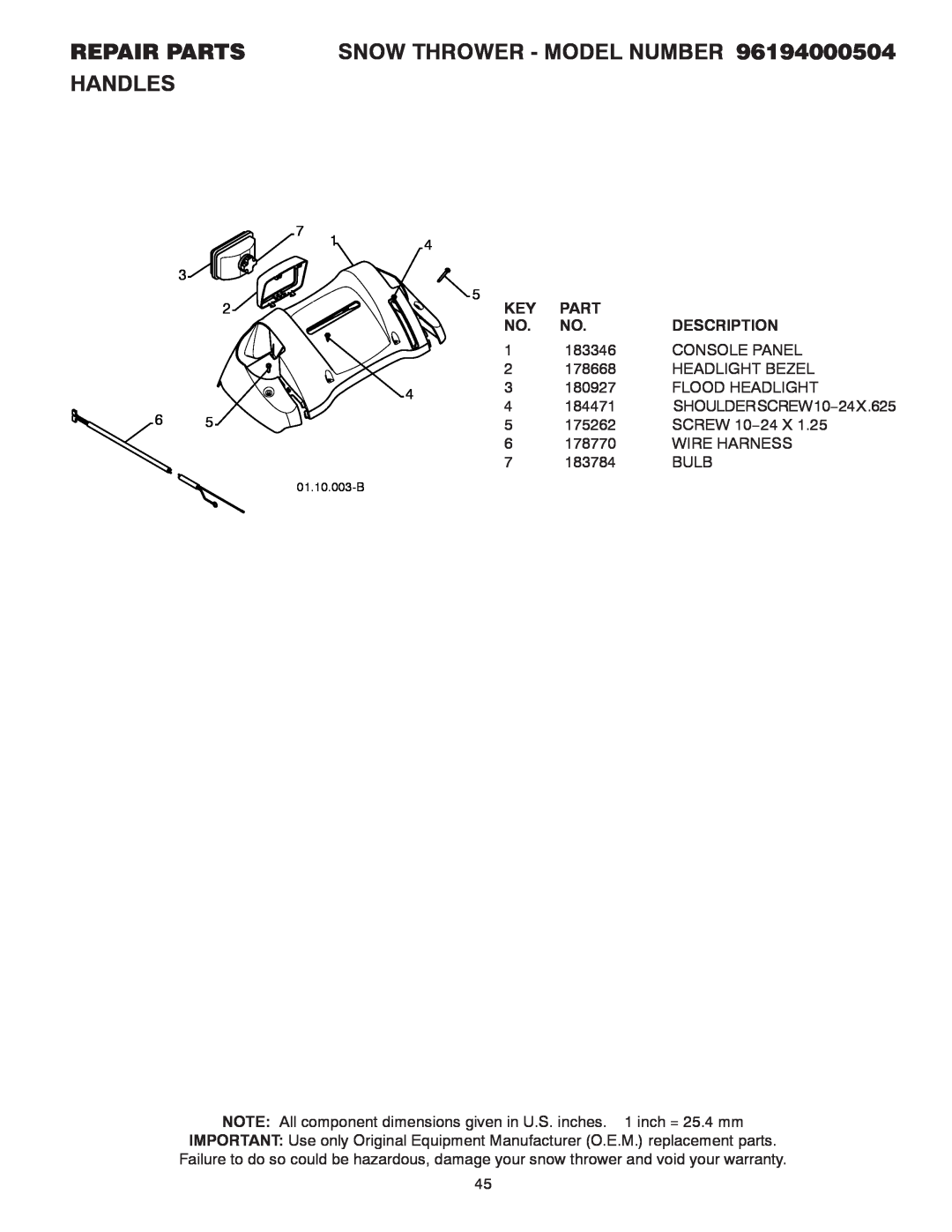 Poulan owner manual REPAIR PARTS SNOW THROWER - MODEL NUMBER 96194000504 HANDLES, Part, Description, 01.10.003-B 