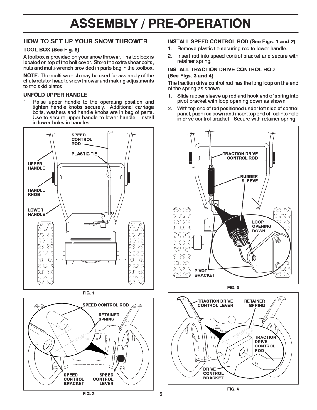 Poulan 96194000504 How To Set Up Your Snow Thrower, Assembly / Pre-Operation, TOOL BOX See Fig, Unfold Upper Handle 