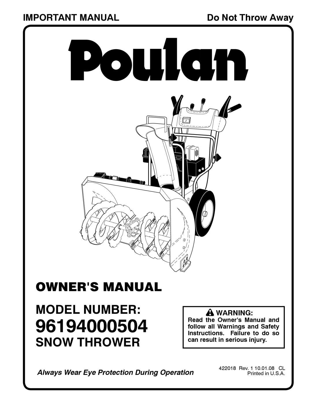 Poulan 96194000504 owner manual Model Number, Snow Thrower 