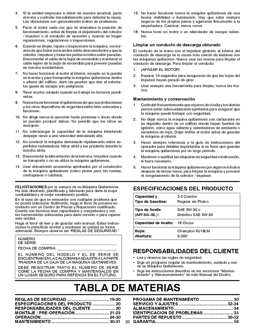 Poulan 96194000504 owner manual Tabla DE Materias, Responsabilidades DEL Cliente, Montaje / PRE-OPERACIÓN 